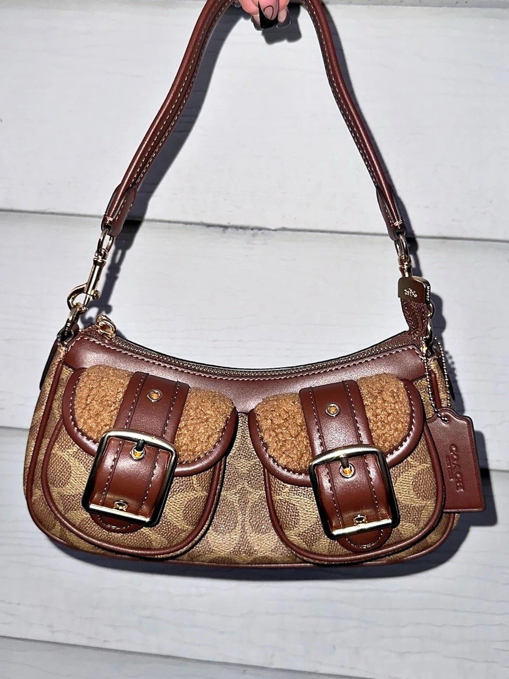 Coach Ashton Shoulder Bag with Shearling Trim in Brown & Tan and Gold Hardware